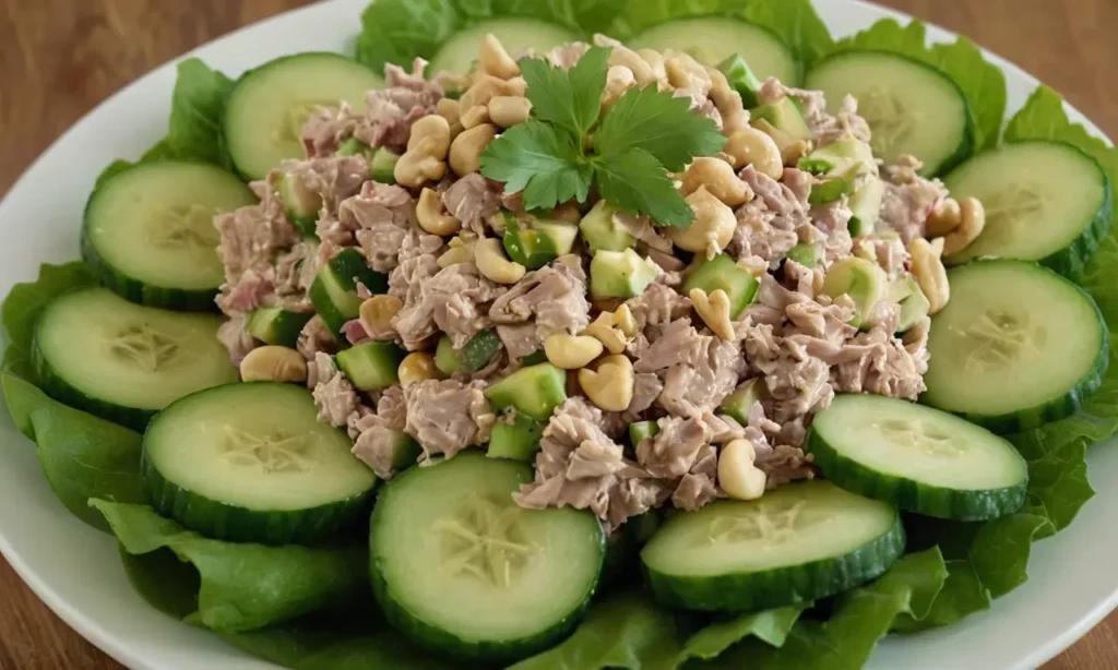 Bocaditos de pepino y ensalada de atún y anacardos