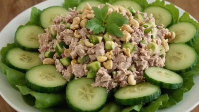 Bocaditos de pepino y ensalada de atún y anacardos