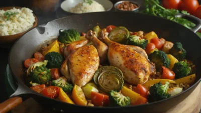 horneado de verduras y pollo teriyaki en una sartén
