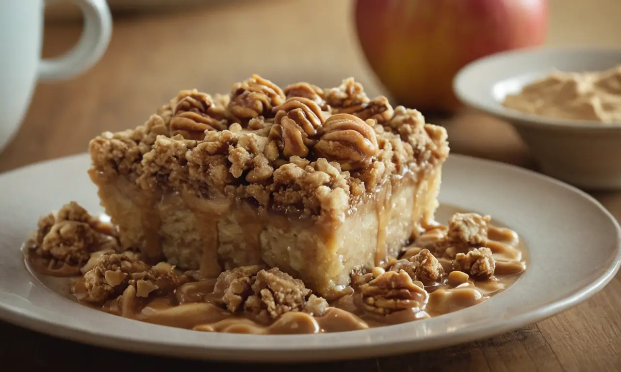 Un crumble de manzana con crema de cacahuete y canela caliente invita
