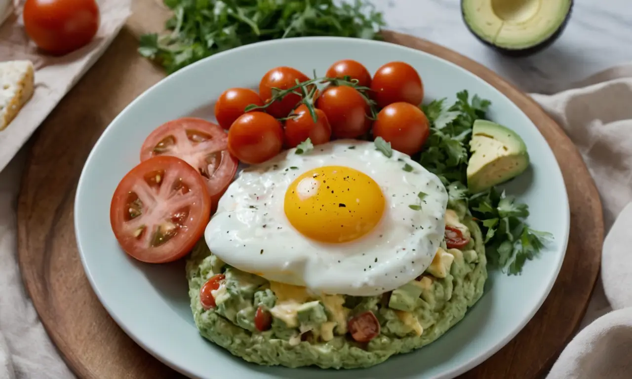 Huevos, tomates, queso, aguacate y cilantro con aderezo ranchero en un plato. Let me know if youd like to edit this more! 😉