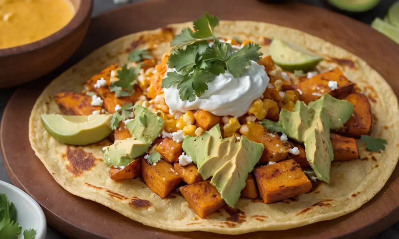 Tortilla crujiente con puré de batata, aguacate y queso fresco
