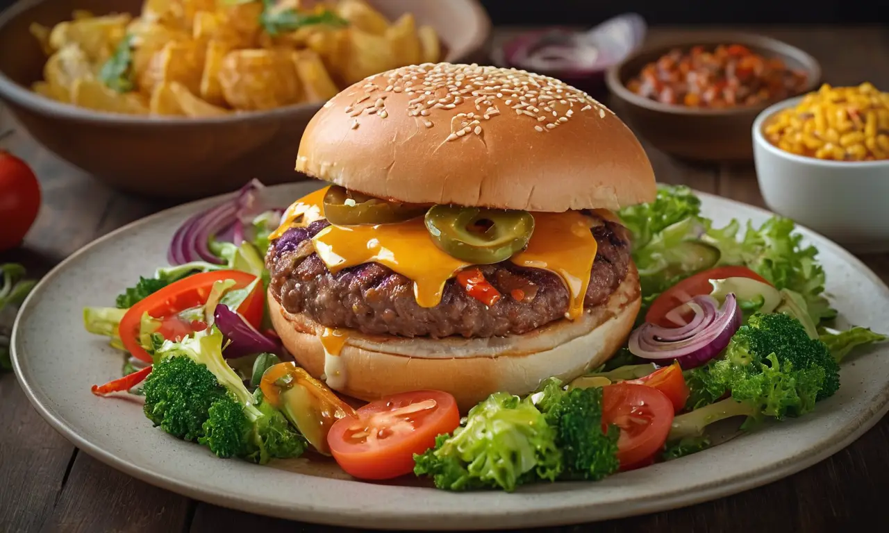Hamburguesa sabrosa con ingredientes frescos y adobo picante