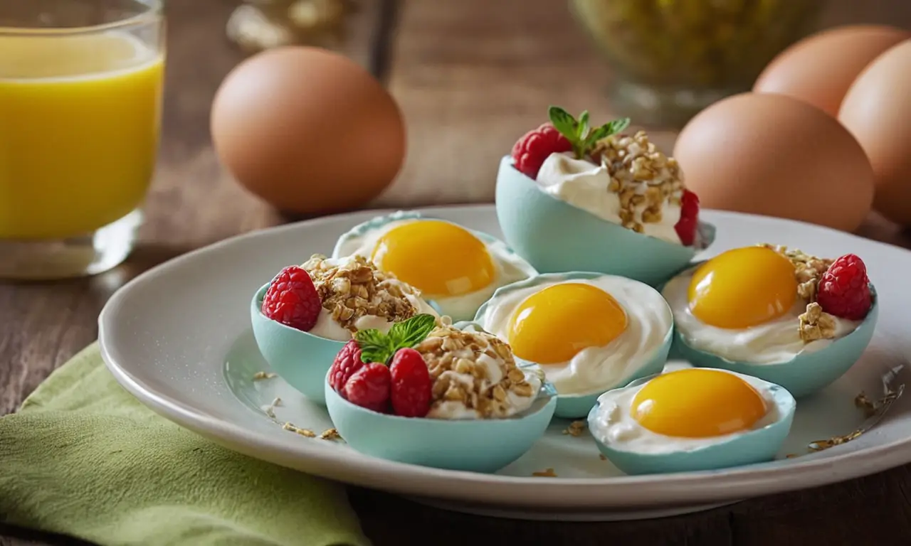 Huevos coloridos con relleno de yogur saludable y presentación espectacular. Let me know if youd like me to translate that into English too! 😊