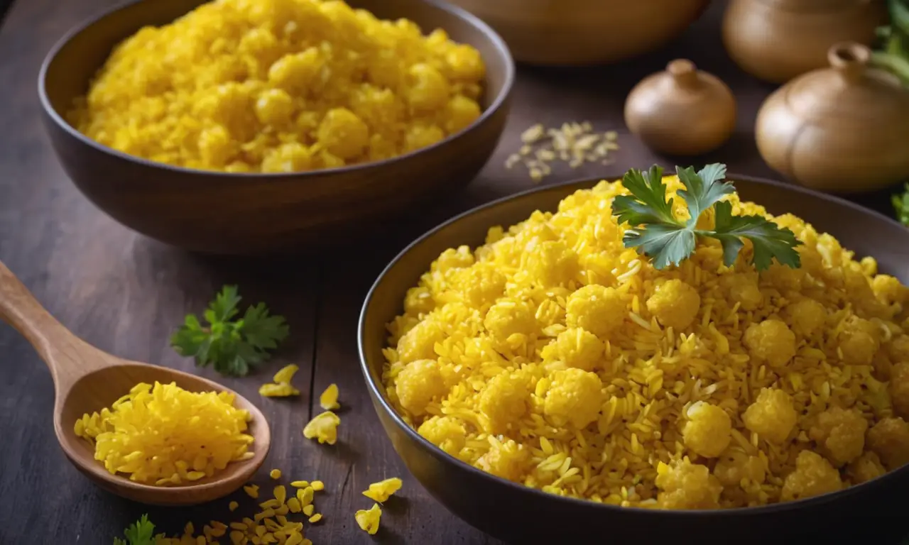Cauliflower dorado y arroz perfumado en la cocina