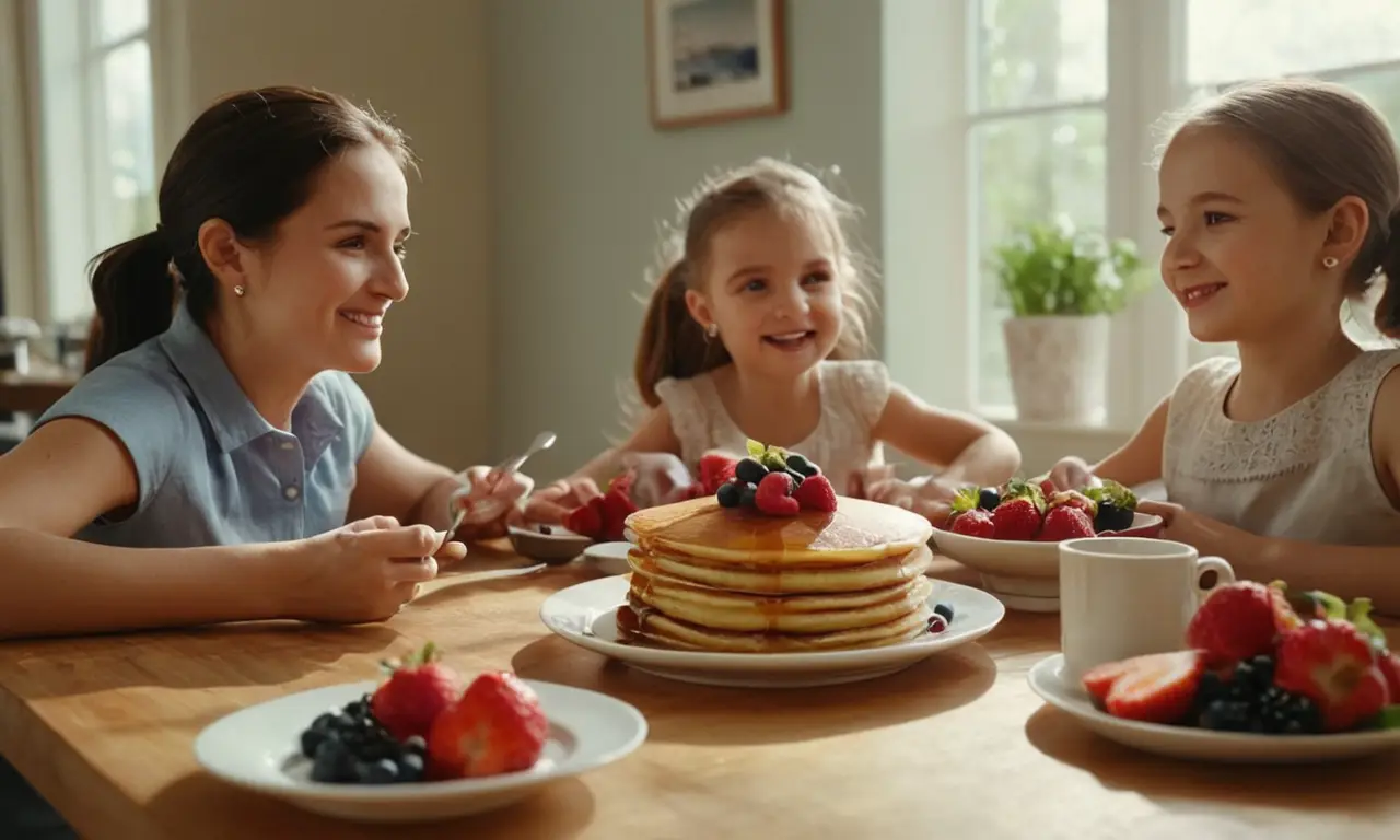 Una familia feliz disfruta un desayuno del sol