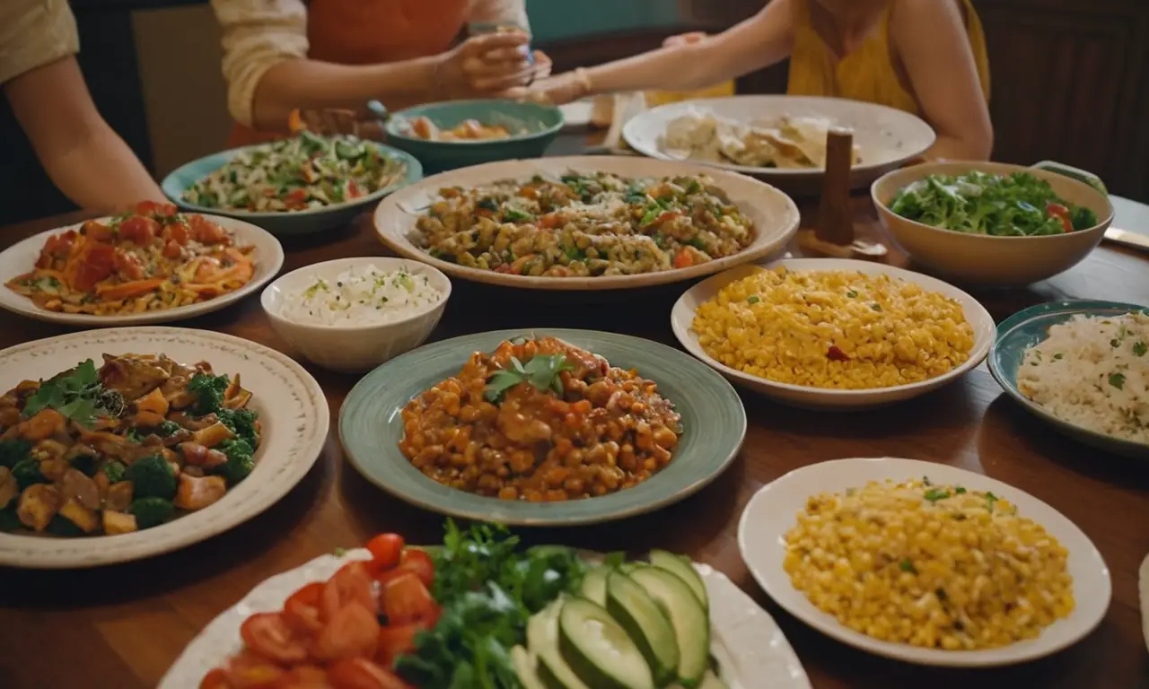 Comida vibrante y familia feliz alrededor de la mesa