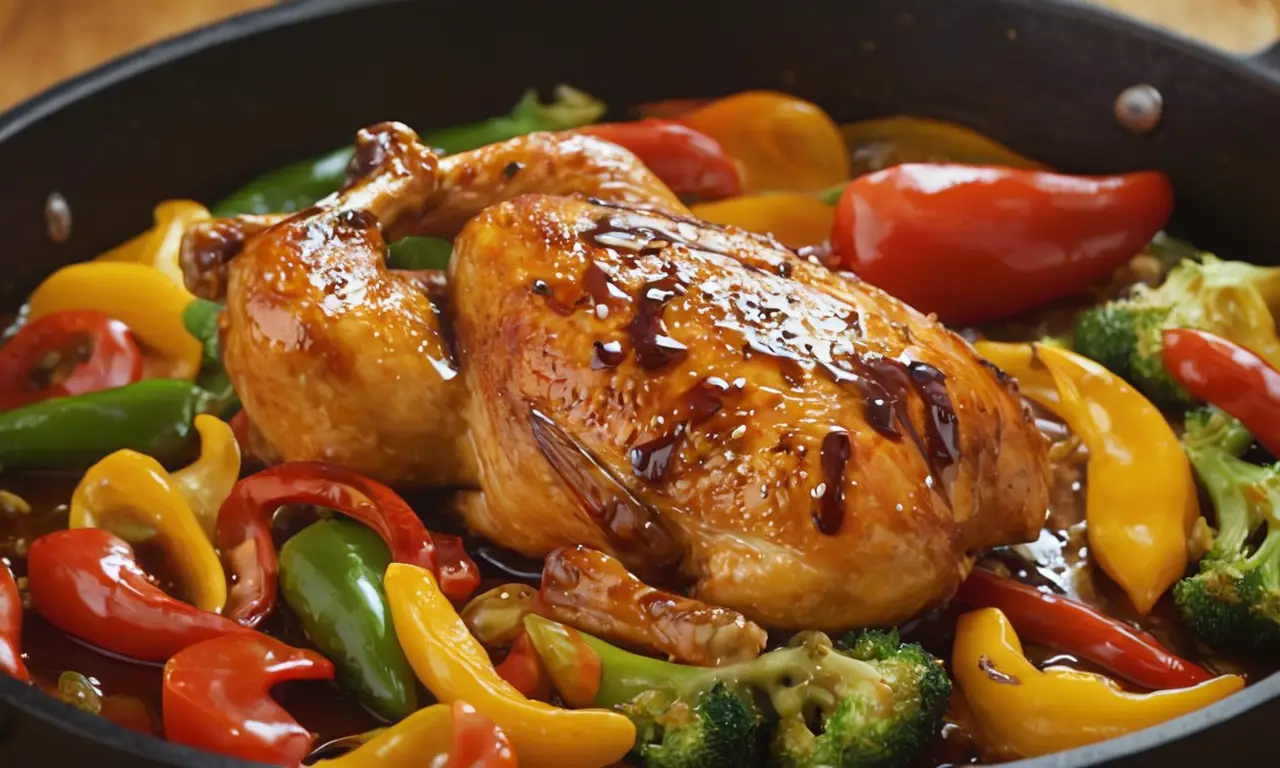 Pollo y verduras al horno con salsa teriyaki brillante