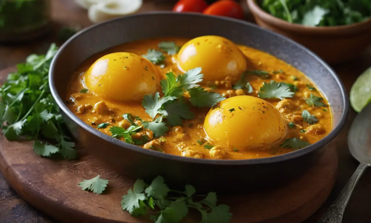 Un plato de huevos coloridos con curry y cilantro