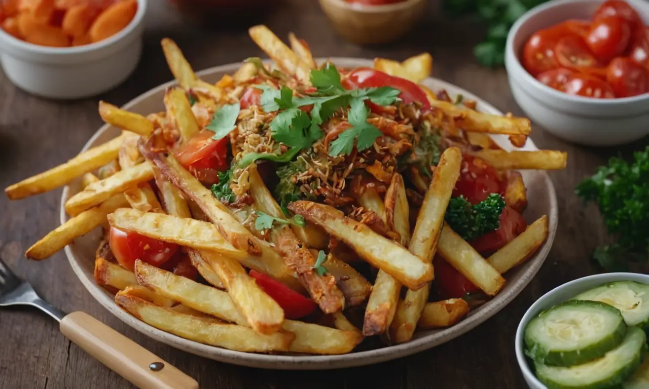 Fries crujientes, verduras coloridas y deliciosas