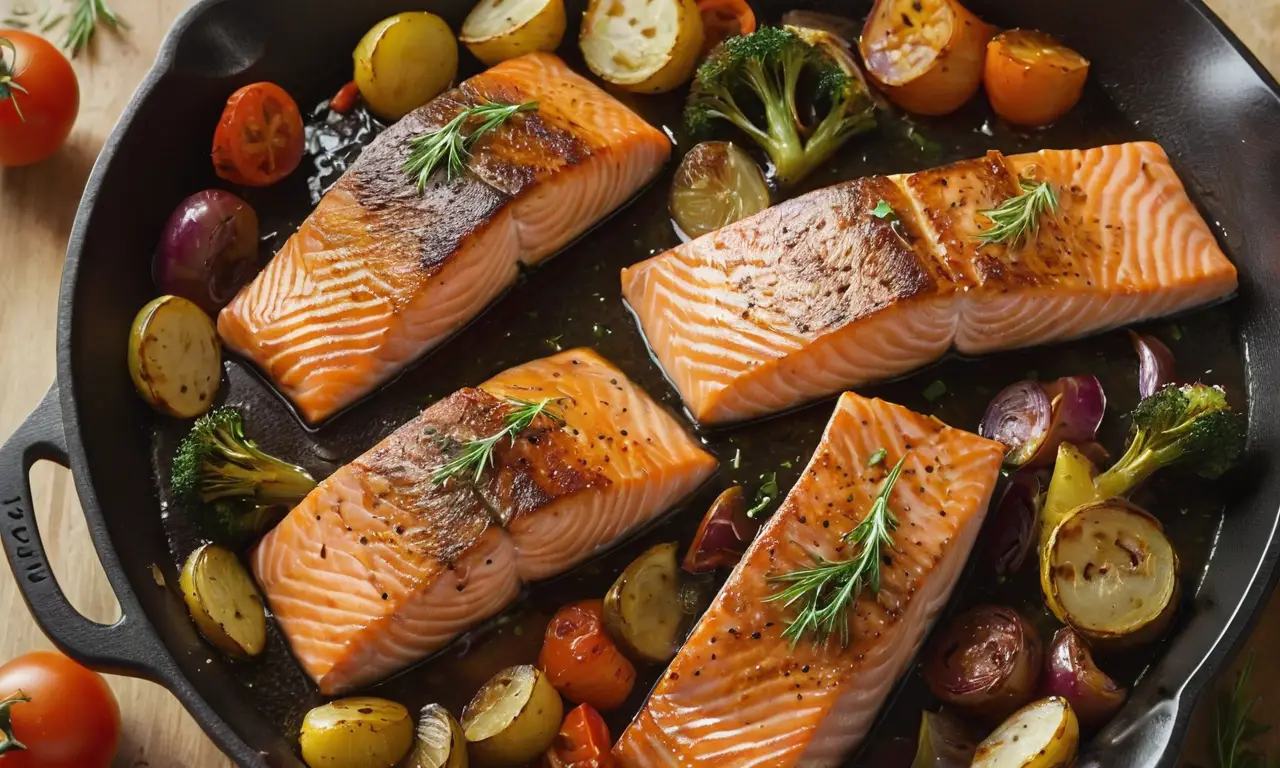 Filetes de salmón y vegetales dorados, deliciosos y fáciles
