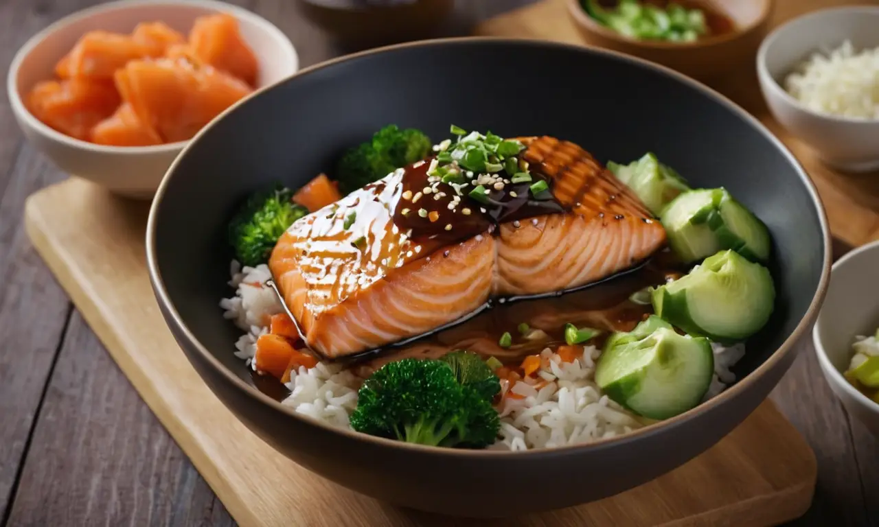 Un chef feliz prepara salmón con salsa de teriyaki