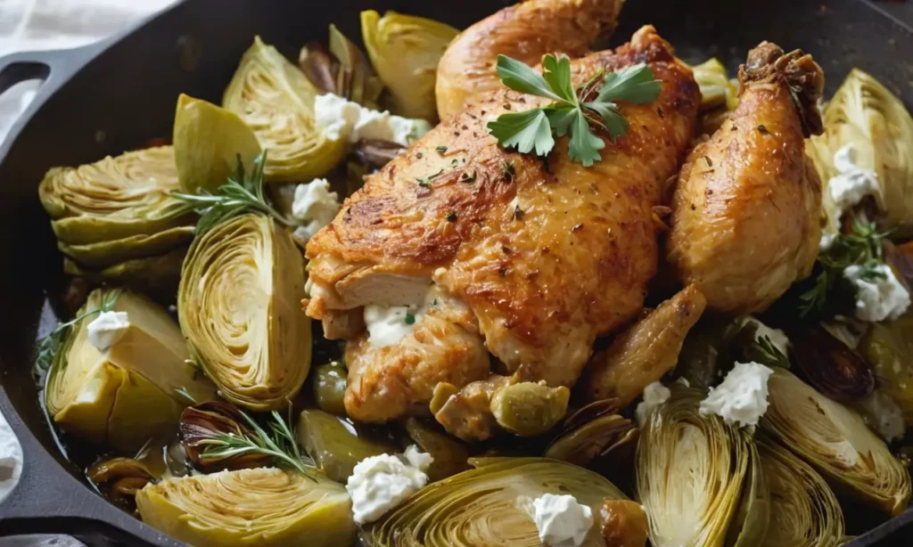 pollo alcachofas sarten queso cabra
