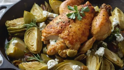 pollo alcachofas sarten queso cabra