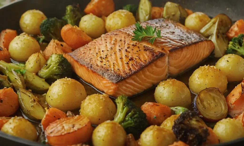 salmon al horno en sartén con verduras