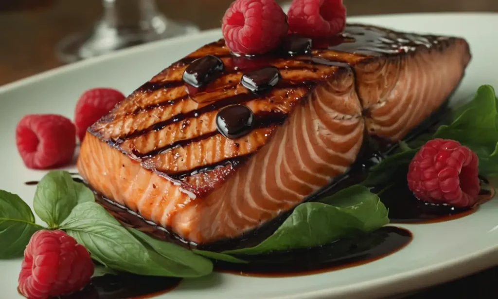 salmon glaseado con balsamico de frambuesa